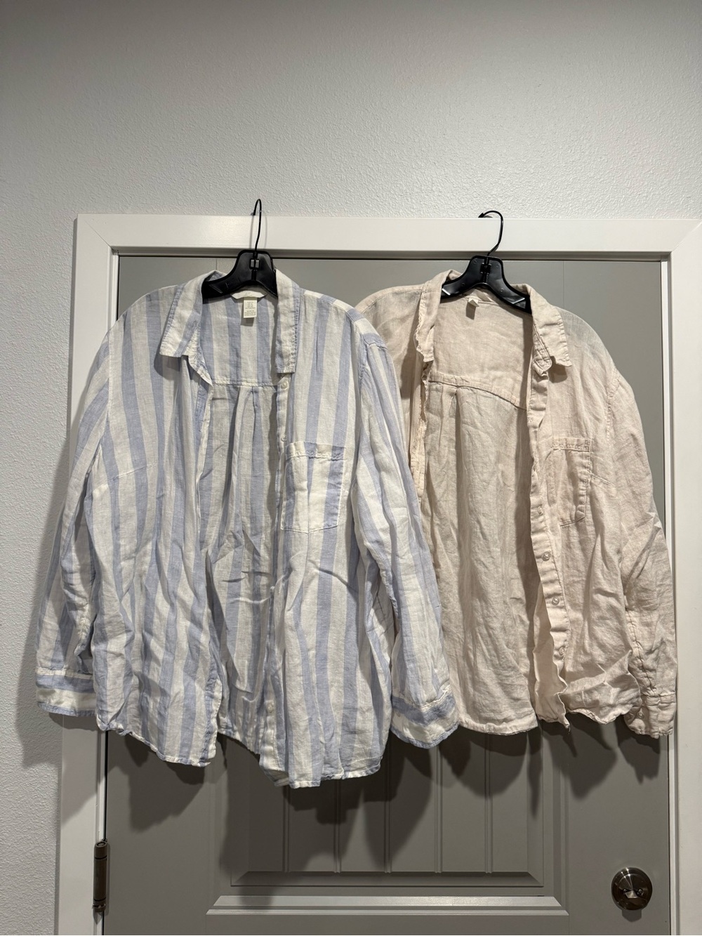 H&M Button-Up Linen Shirts Light Blue Stripe & Beige